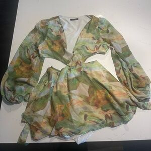 Long Sleeve Mesh Side Cutout Two-Piece Tie Mini Dress